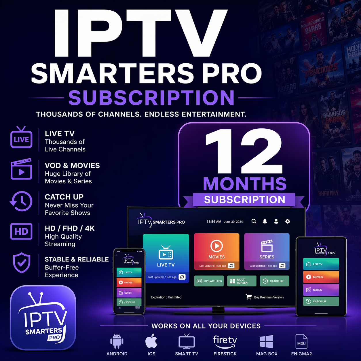 Advertisement for IPTV Smarters Pro subscription with features and device compatibility on a dark background.
